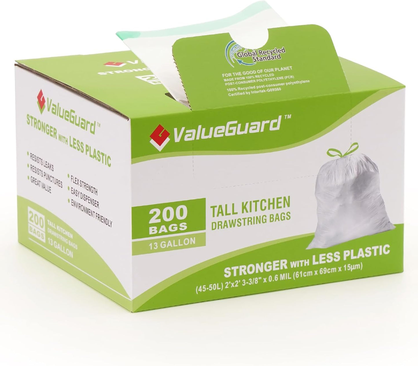 Large Trash Bag 13 Gallon Tall Drawstring 100% Post-Consumer Recycled Garbage Bag Waste Bag for Kitchen Office 0.6 Mil (200 Count)