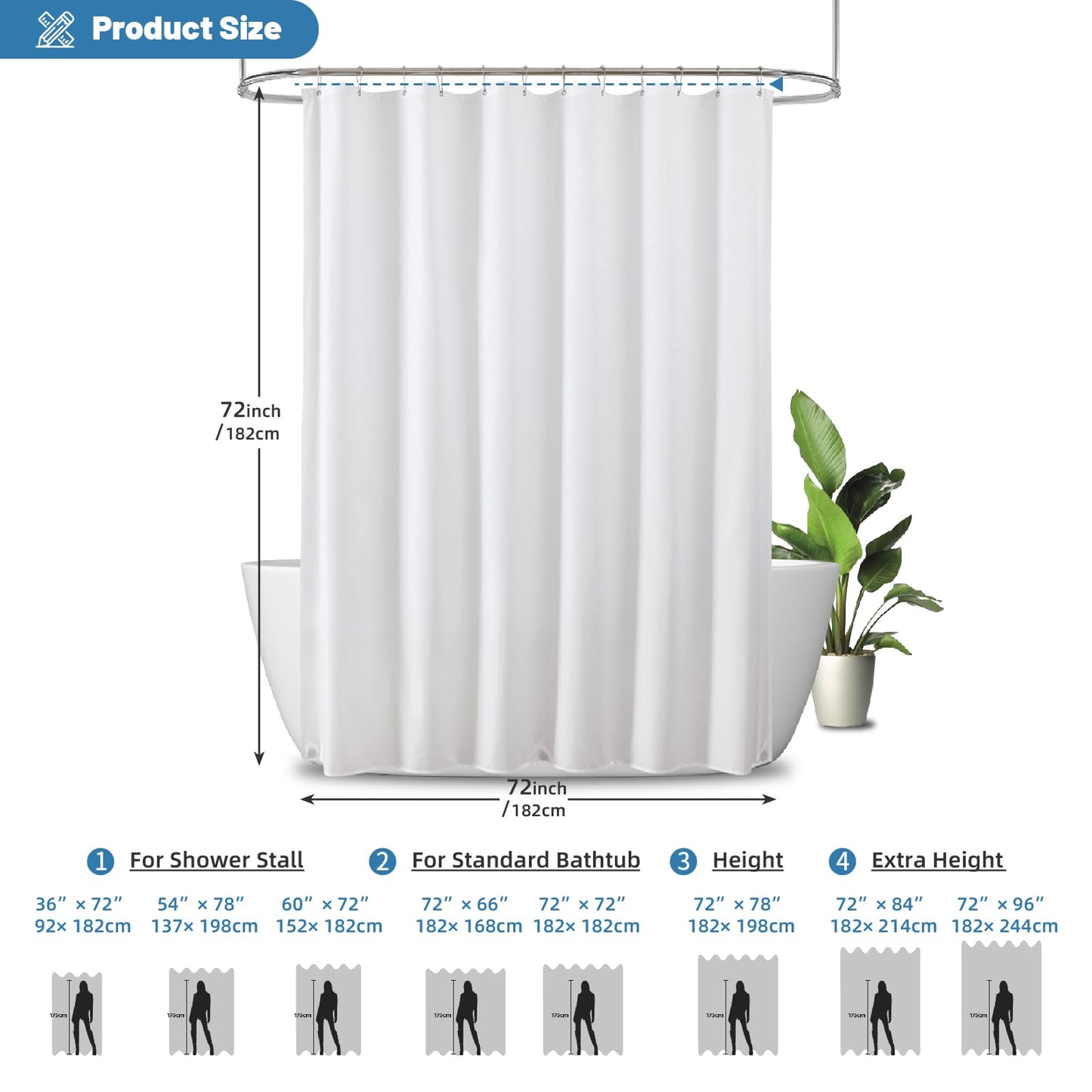 THAIGEE 1 Pack Water-Repellent Fabric Shower Curtain Liner, 72x72 White