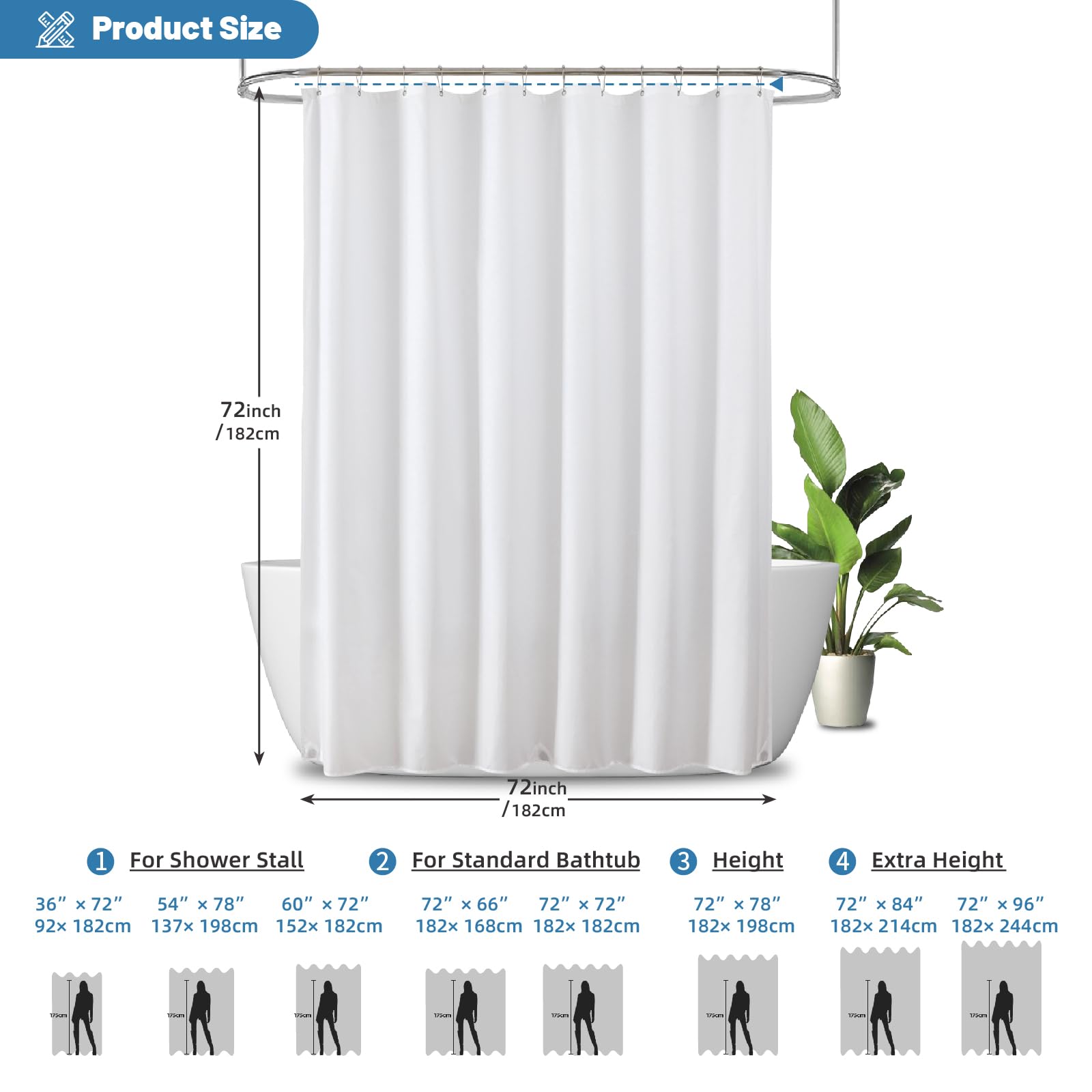 THAIGEE 1 Pack Water-Repellent Fabric Shower Curtain Liner, 72x72 White