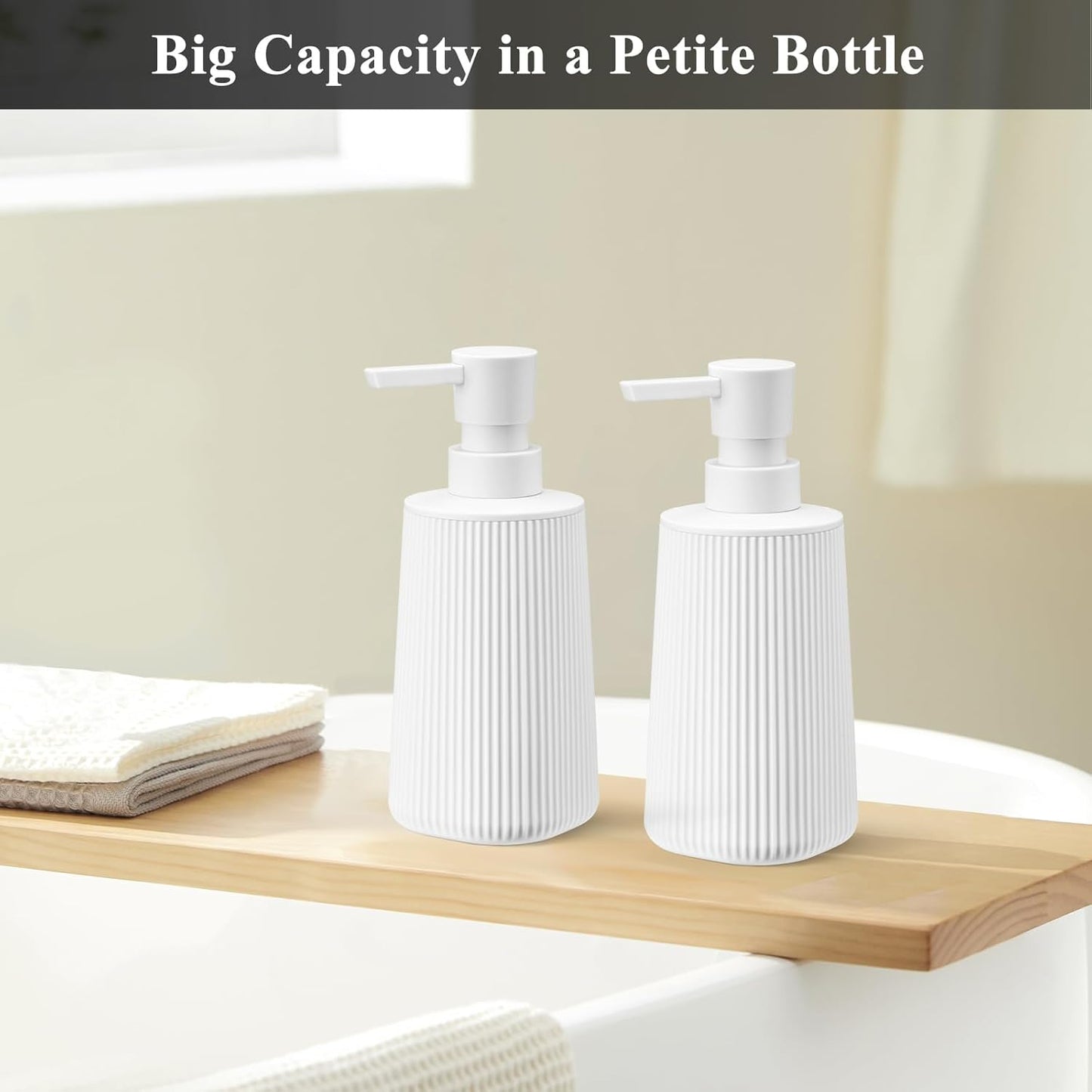 White Hand Soap Dispenser with No Rust Pump for Bathroom and Kitchen Countertops Refillable Striped Matte Plastic 8.5 oz