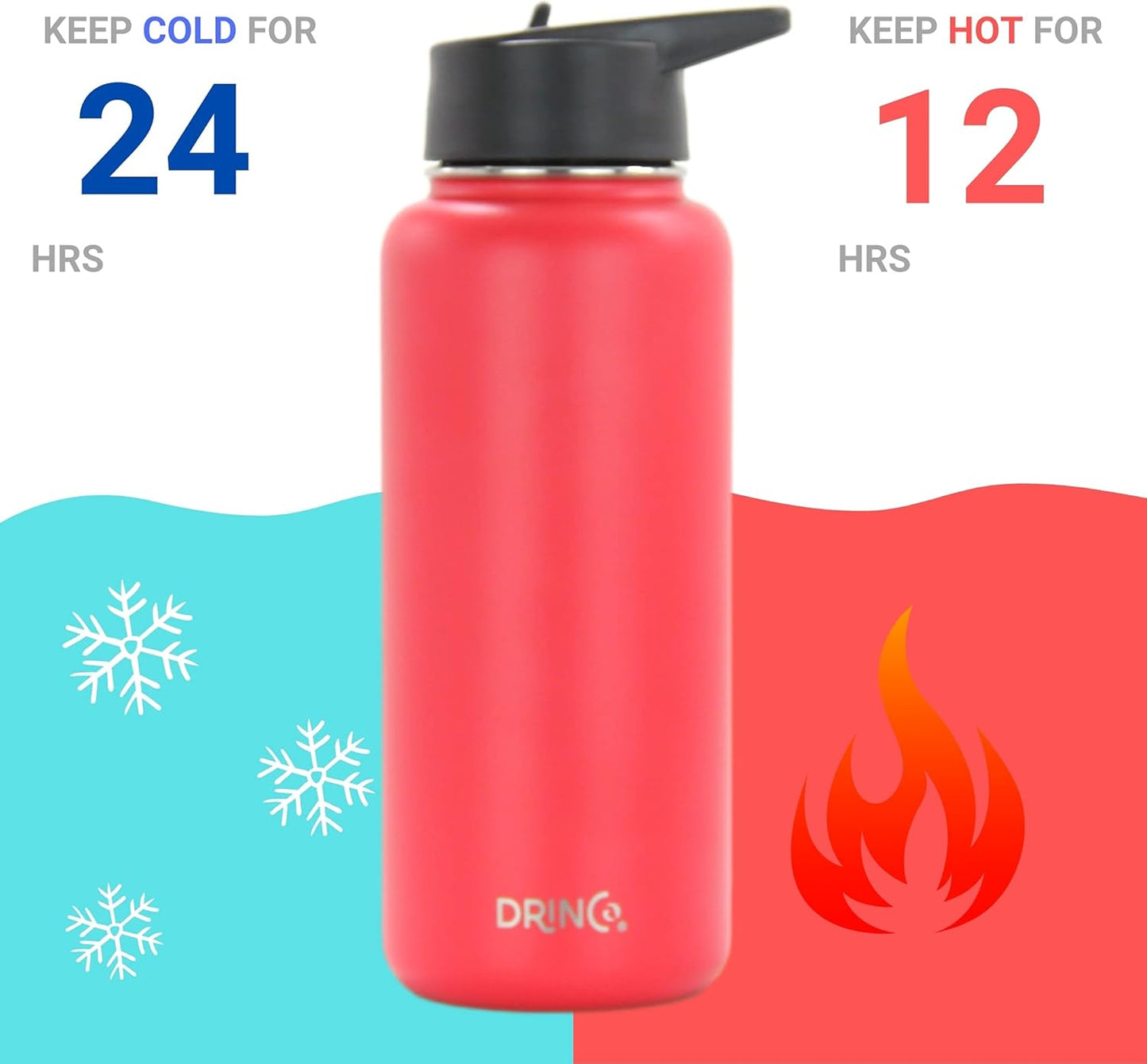 DRINCO Stainless Steel Water Bottle Spout Lid Vacuum Insulated Double Wall Water Bottle Wide Mouth (40oz 32oz 22oz 18oz 14oz) Leak Proof Keeps Cold or Hot (32 oz, 32oz Barn Red)
