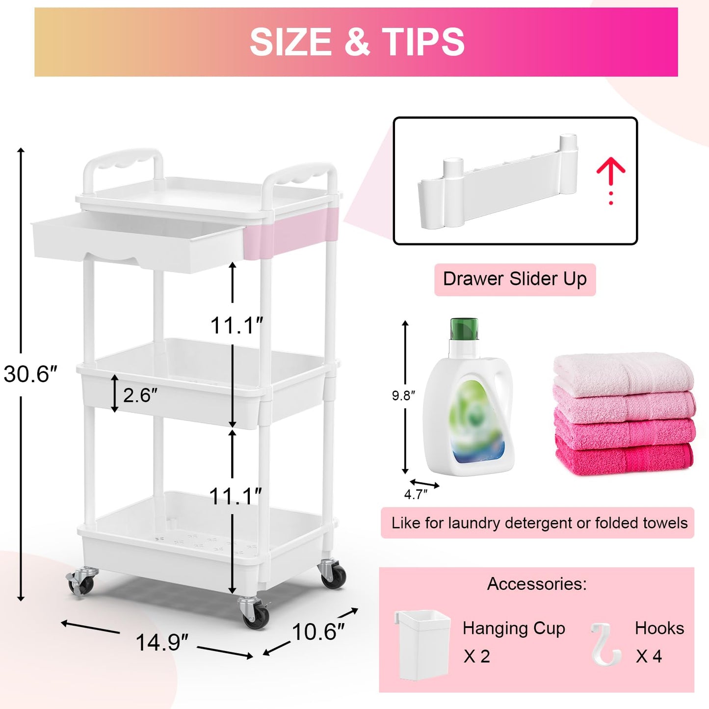 Goovilla 3 Tier Rolling Utility Cart Organizer with Removable Drawer, White