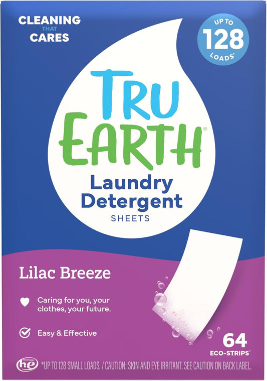 Tru Earth Compact Dry Laundry Detergent - Up to 128 Loads (64 Sheets) - Paraben-Free - Original Eco-Strip Liquidless Detergent, Travel - Lilac Breeze | Packaging May Vary