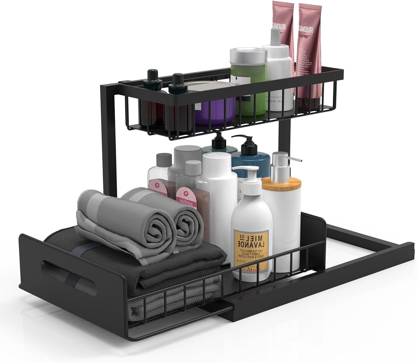 bukfen Under Sink Organizer, Pull Out Cabinet Organizer 2-Tier Slide Out Sliding Shelf Under Cabinet Storage Multi-Use for Under Kitchen Bathroom Sink Organizers and Storage