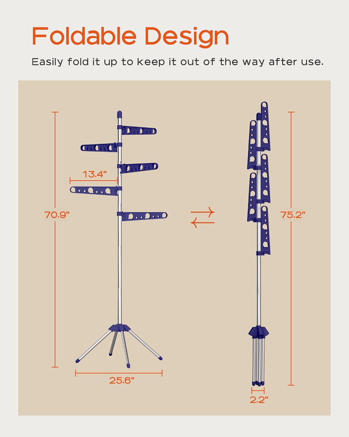Clothes Drying Rack Foldable, 70.9 inch Tripod Drying Rack for 35 Pieces of Clothes, with Height-Adjustable Rotatable Clothes Rails, Space Saving, Stainless Steel, Blue and Silver CDR005Q01
