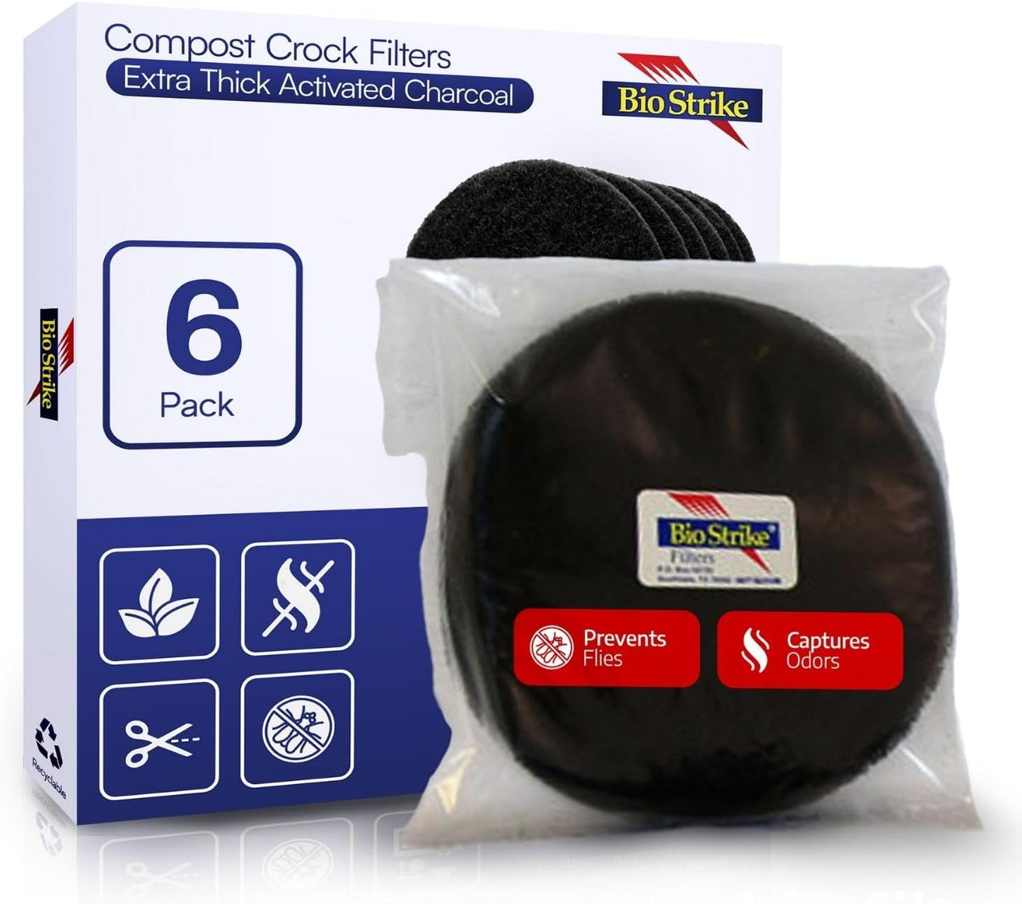 BioStrike -Activated Carbon Filter Odor Absorbers for Kitchen Compost Bins - Extra Thick 5.5 inch Compost Bucket Charcoal Filters - Odor Control for Countertop Pails - Made in USA (6 Count)