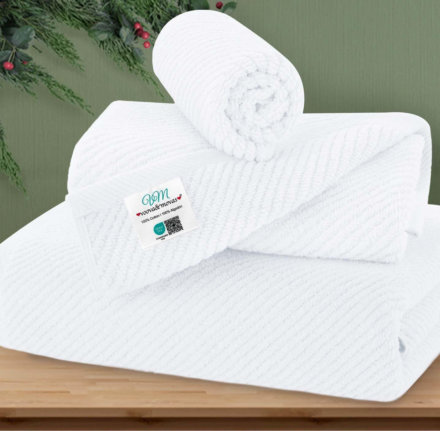 VOOVA & MOVAS White Towels for Bathroom, 100% Cotton | Quick Dry | Soft | Thick, 3 Piece Towel Set, 1 Large Bath 30" x 56", 1 Hand 18" x 28", 1 Wash Cloth 13" x 13", Bathroom Essentials