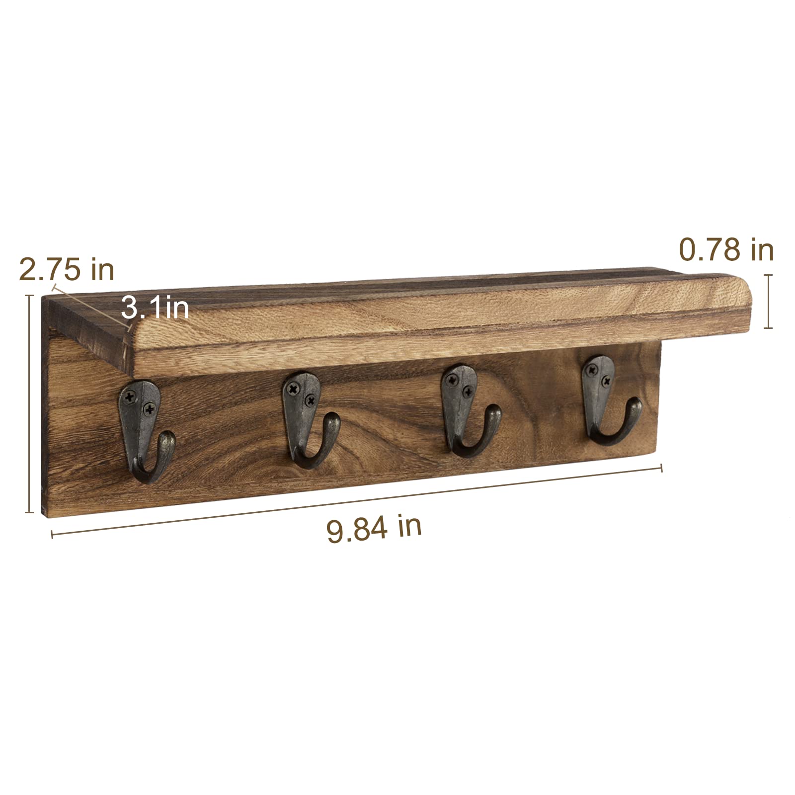 HRONRAD Rustic Key Holder for Wall, Farmhouse Wall Shelf with 4 Hooks, Wall Mounted Key Racks