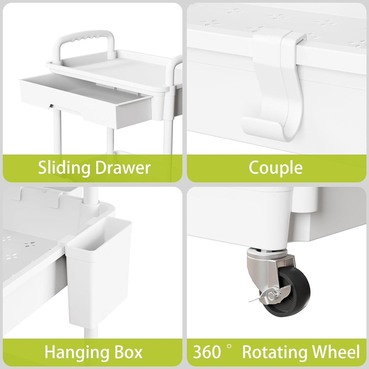 3 Tier Rolling Cart Organizer,Laundry Room Bathroom Organizers and Storage Office Shelves Mobile Shelving Unit Kitchen Trolley Cart with Wheels for Art,Craft,Diaper,Bedside,Snack(White)