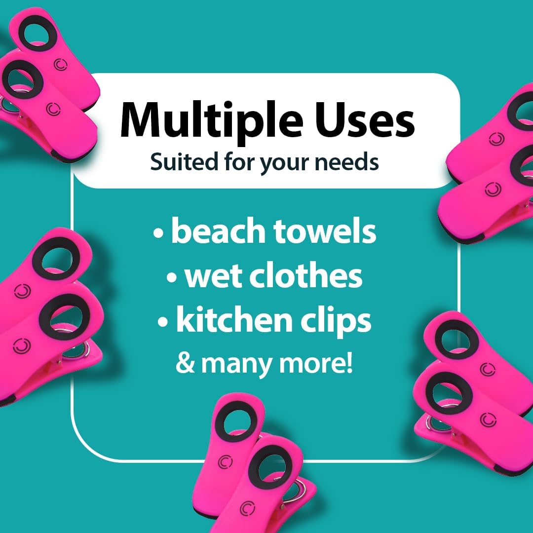 CoreClips Towel Clips for Beach Chairs - Set of 4 Pool Towel Holder Clips for Lounge Chairs on Cruise, Large 2.5” Opening Heavy Duty Clip for Towels on Boat Loungers with Travel Pouch - Pink