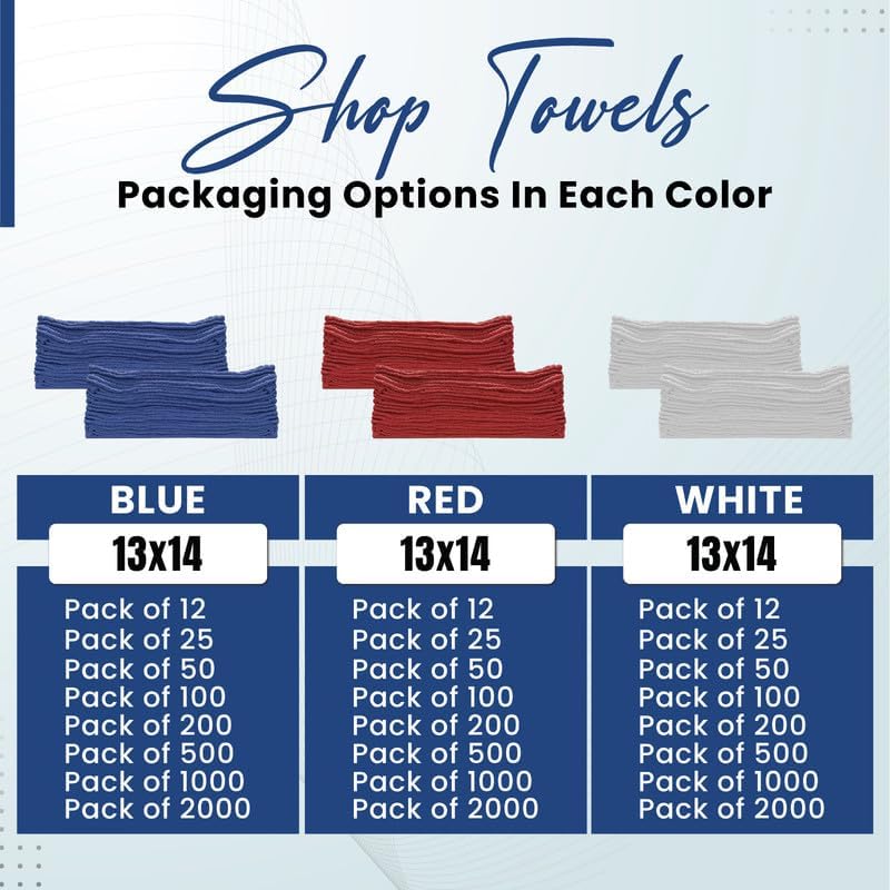 Shop Towels (Blue, 25-Pack) - Bulk Cleaning Towel in a Bag, Mechanic Cotton Wipes for Car Maintenance, Auto Mechanics & Garage, Wipe Grease & Oil, Machine Wash & Reusable