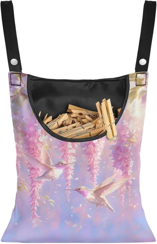 Clothespin Bag for Outdoor Laundry Clothesline and Clothes Pin Holder Clothespin Bag for Heavy Duty Outdoor Use - Hummingbird Flower