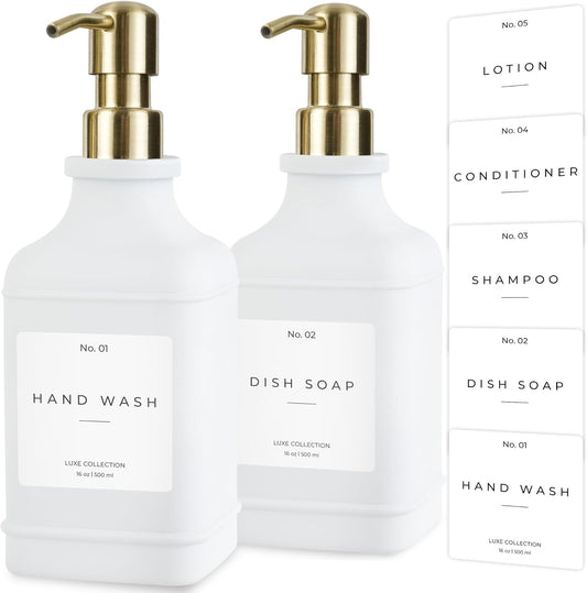 Emerson Essentials Soap Dispenser, Dish Soap Dispenser, Soap Dispenser Bathroom Set, Hand Soap, Kitchen Soap Dispenser Set, Glass Soap Dispenser with Pump and Labels | 16 Oz, 2-Pack