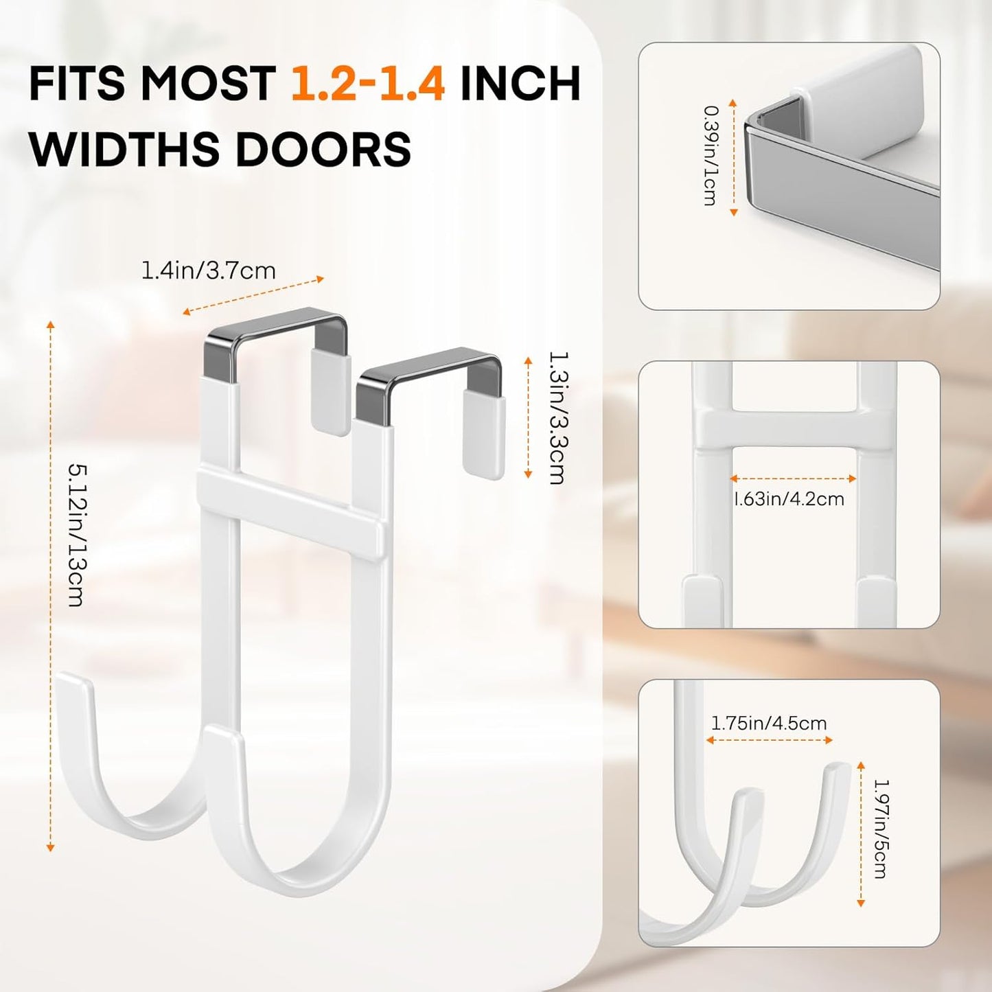 FYY Over The Door Hooks - 2 Pack Heavy Duty Dual-Hook Organizer Hanger with Non-Slip Rubber for Towels, Clothes, Hats & Bags Use in Bathroom, Bedroom, Kitchen - Fits Interior Doors Up to 1 3/8" White