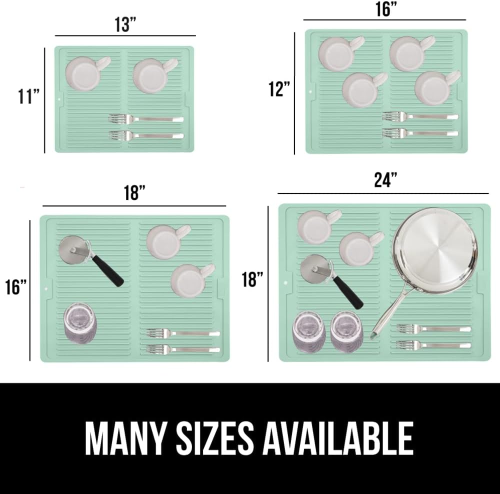 GORILLA GRIP 100% BPA-Free Patented Silicone Dish Drying Mat for Kitchen Counter, 18x24 Inch, Water Catching Ribbed Design, Easy Clean Waterproof Sink Liner, Heat Resistant, Fits Under Rack, Mint
