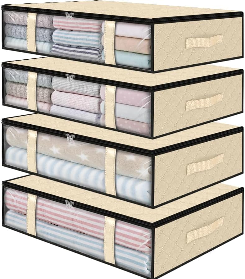 StorageRight Under Bed Storage Bins, 4-Pack 40L Foldable Fabric Storage Bags with Transparent Window, Breathable Organizer for Clothes/Blanket/Comforter/Quilts,Beige