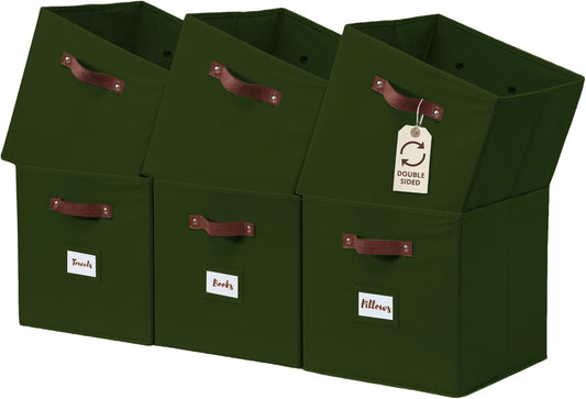 DECOMOMO Storage Bins, Cube Storage Bin with Labels, Fabric Storage Cubes for Shelves (10.5" x 11" / 6pcs, Olive Green)