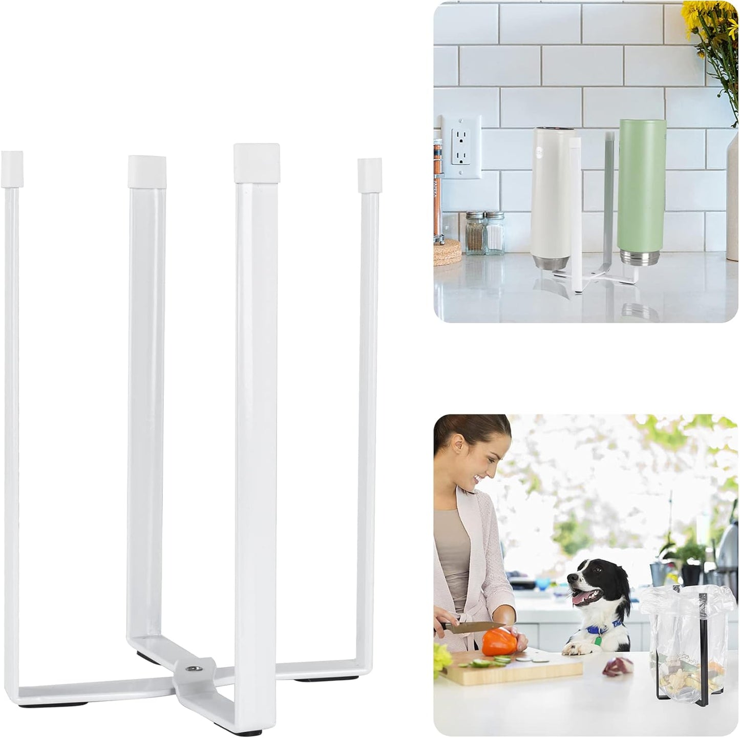 Kitchen Countertop Drying Rack for Bottles, Cups and Plastic Bags - Multifunctional Holder with Shelf and Trash Bag, White