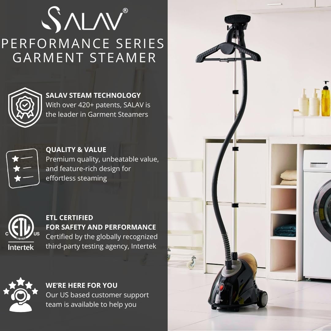 SALAV GS18-DJ Standing Garment Steamer with Roll Wheels for Easy Movement, 1.8L Water Tank for 1 Hour Continuous Steaming, Adjustable Pole for Storage, Includes Descaler Packet, 1500 watts