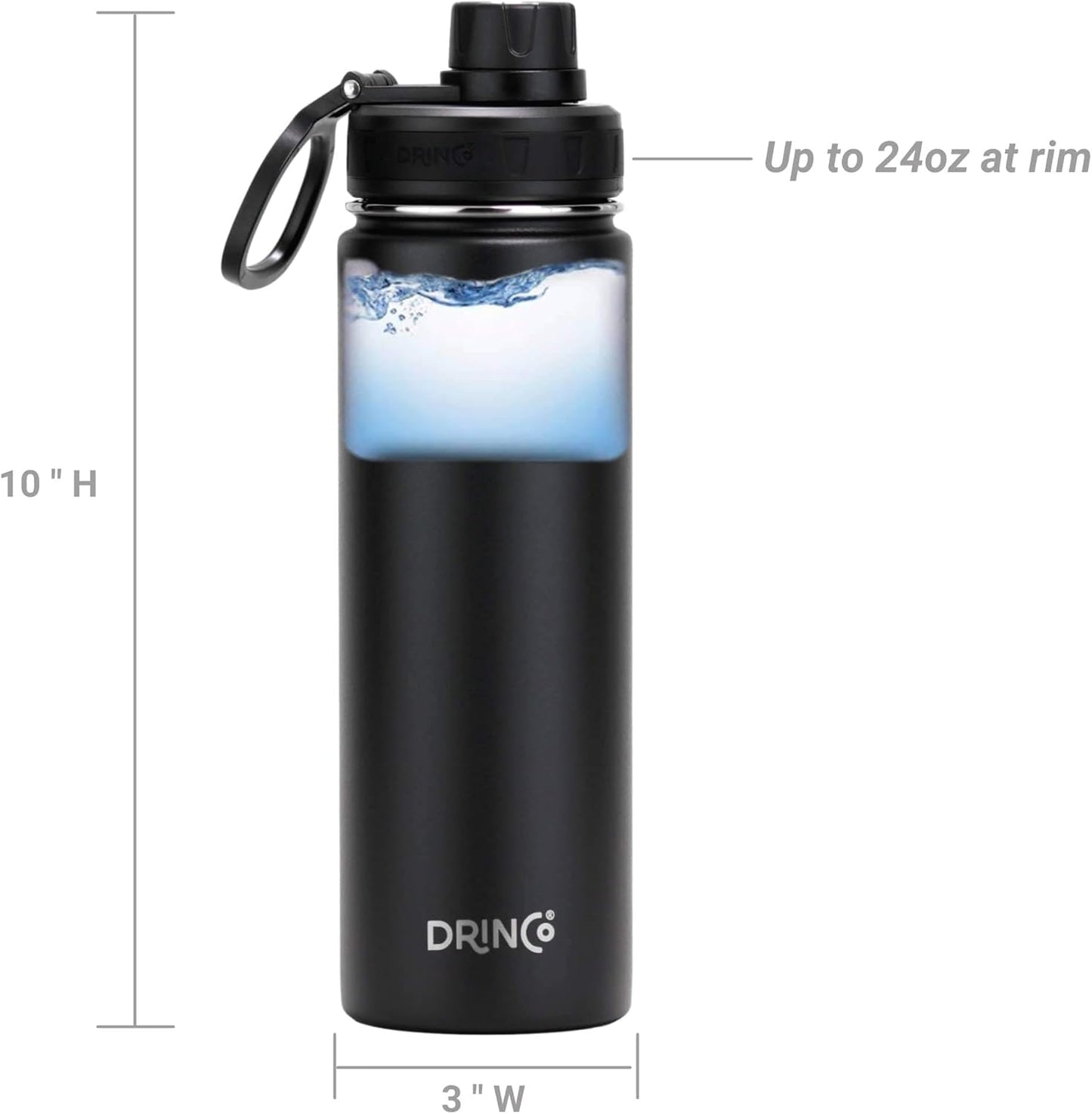 Drinco Stainless Steel Water Bottle Spout Lid Vacuum Insulated Double Wall Water Bottle Wide Mouth (40oz 32oz 22oz 18oz 14oz) Leak Proof Keep Cold Sport Camping Hiking (22 oz, 22oz Black)