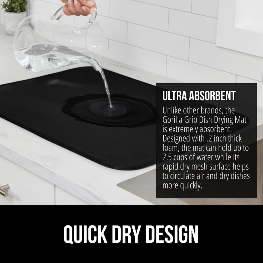 GORILLA GRIP Ultra Water Absorbent Microfiber Dish Drying Mat, Quick Dry Thick Mesh, Slip Resistant Pad for Sink Dishes or Under Rack, Kitchen Counter Accessories, 16x18, Machine Wash, 2 Pack Black