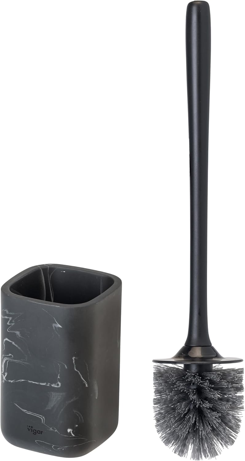 Vigar Zense Toilet Brush and Holder Set, Toilet Bowl Brush with Polyresin Stone Holder, Bathroom Sets for Bathroom Decor and Accessories, Black Marble