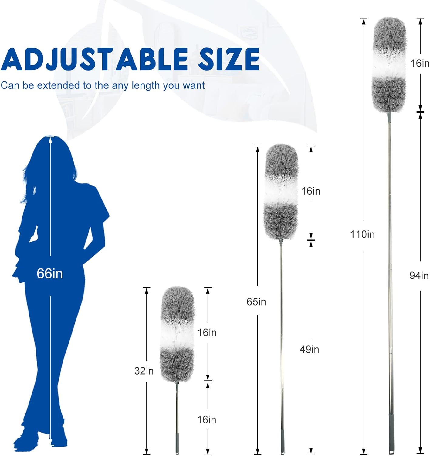 Microfiber Feather Dusters for Cleaning, Extendable Duster with 110" Extension Pole & 2pcs Replaceable Bendable Head, Cleaner Supplies Duster Tool for Ceiling Fan Furniture Cars Home Kitchen Gadgets