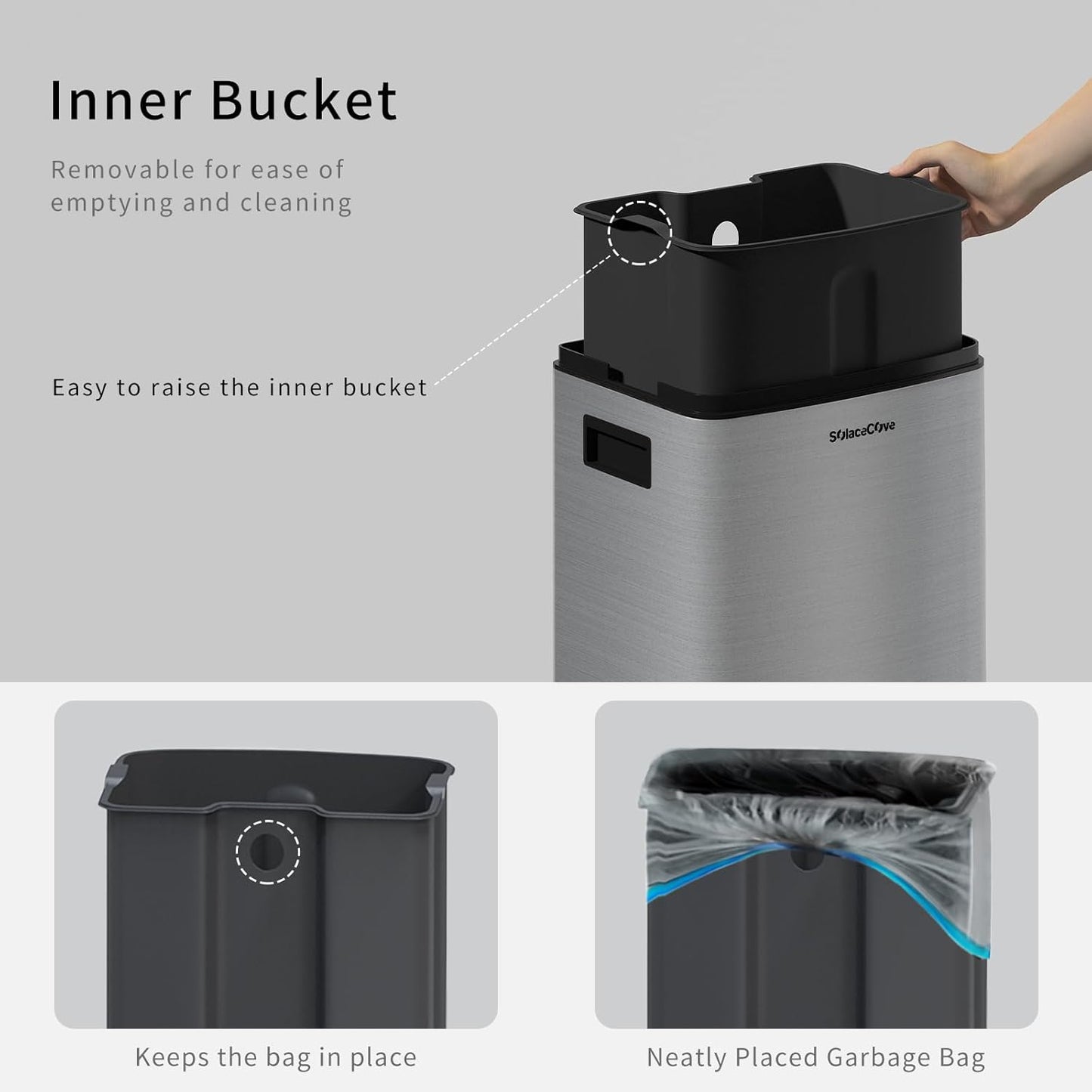 8 Gallon Stainless Steel Garbage Can with Removable Inner Bucket,30L Kitchen Trash Can with Press Top Lid(Brushed Gray)