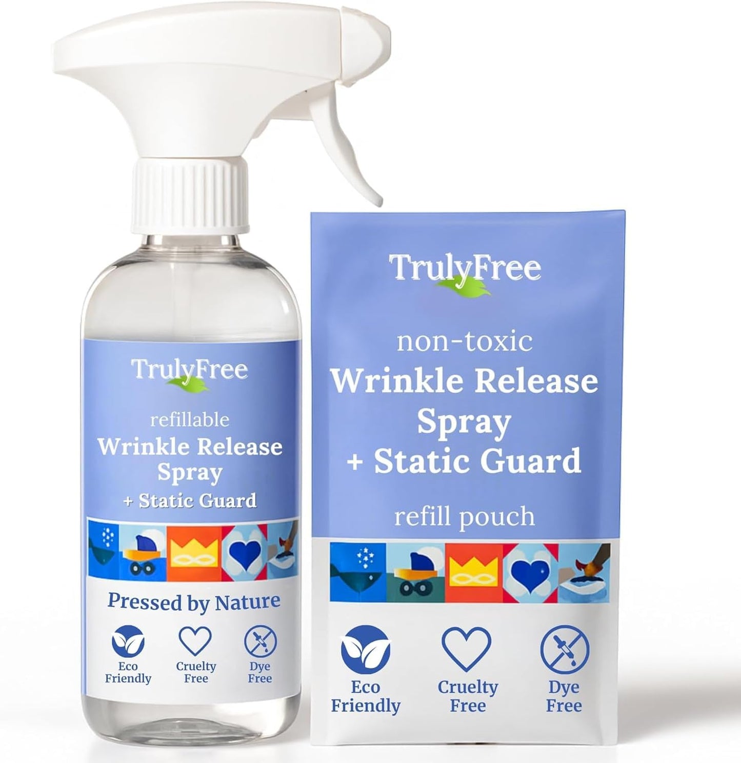 Truly Free Wrinkle & Static Releaser - Wrinkle Release for Clothes, Linen, & Sheet Fabrics - Static Guard Spray - Plant-Based - 1 Pouch 3oz Refill with 12oz Reusable Empty Spray Bottle