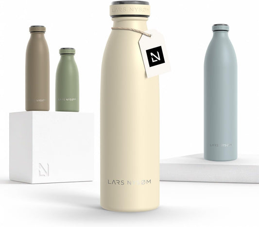 LARS NYSØM Stainless Steel Insulated Water Bottle 12oz 17oz 25oz 34oz 51oz | Insulated Thermo Flask for Hot and Cold Beverages | Leakproof Drinking Bottle (Almond Beige, 17oz)