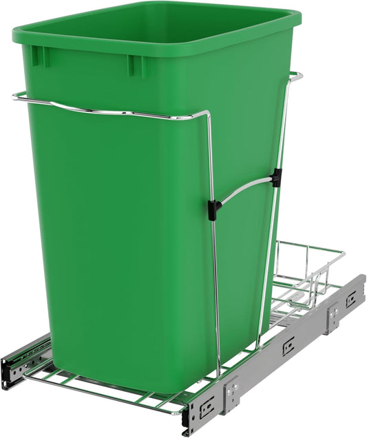 Rev-A-Shelf Pullout Trash Can for Kitchen Cabinets 35 Qt Garbage Waste Recycling Bin with Full Extension Slides, Green, RV-12KD-19C-S