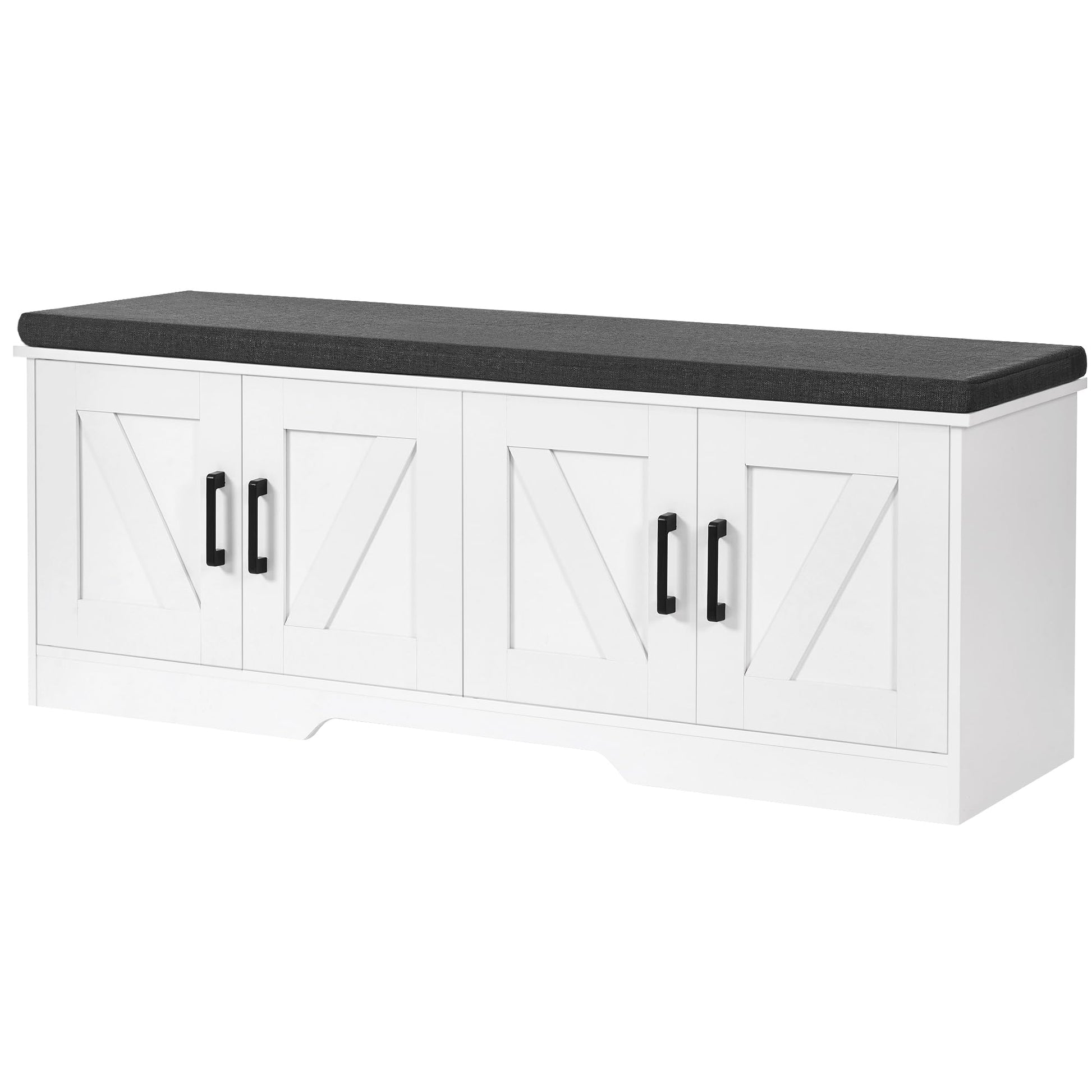 HOMSHO Farmhouse Shoe Storage Bench with 4 Barn Doors & Padded Seat Cushion