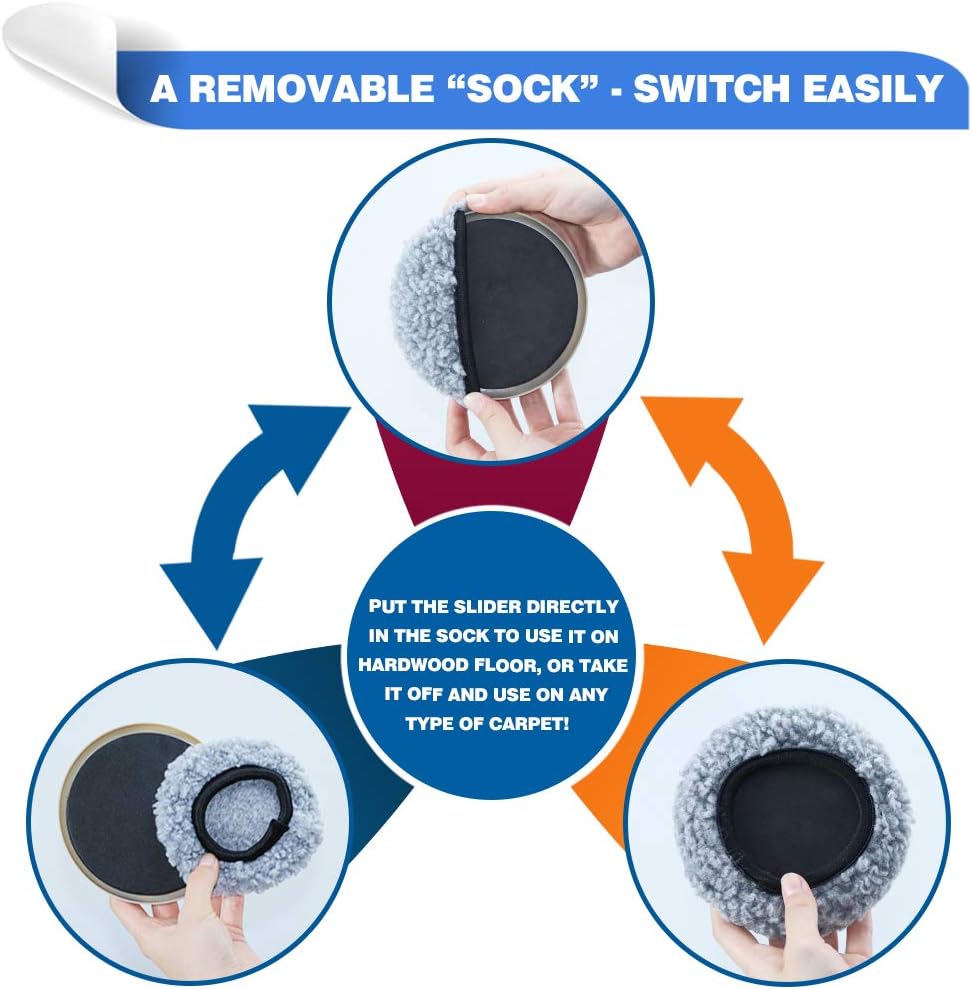 Furniture Sliders Multi-Surface 2-in-1 Reusable Moving Pads for All Floor Types - 4 Pack 5" Carpet Sliders and 4 Hardwood Socks - Protect Floor and Easier to Move Your Furniture