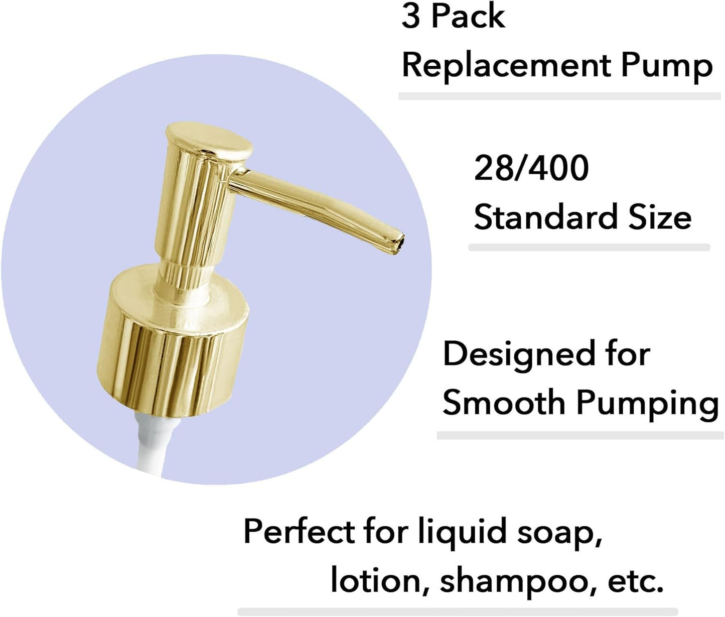 Soap Dispenser Pump Head Replacement 3 Pack, 28/400 Threads Standard Size, for Bathroom and Kitchen (Shiny Gold)