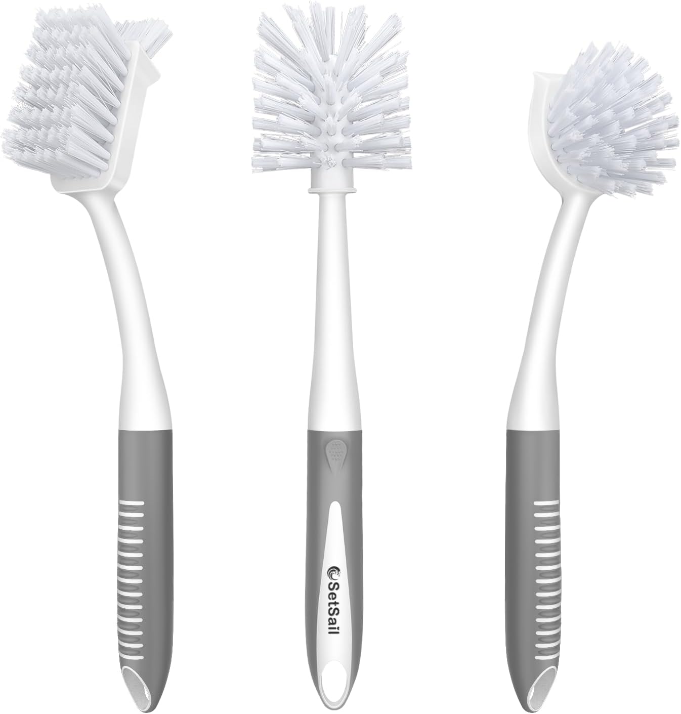 SetSail Dish Brush Set of 3 Piece, Dish Scrub Brush with Long Handle Deep Cleaning Brush with Scraper Tip for Kitchen Dishes Bottle Cup Pot Pan, Grey