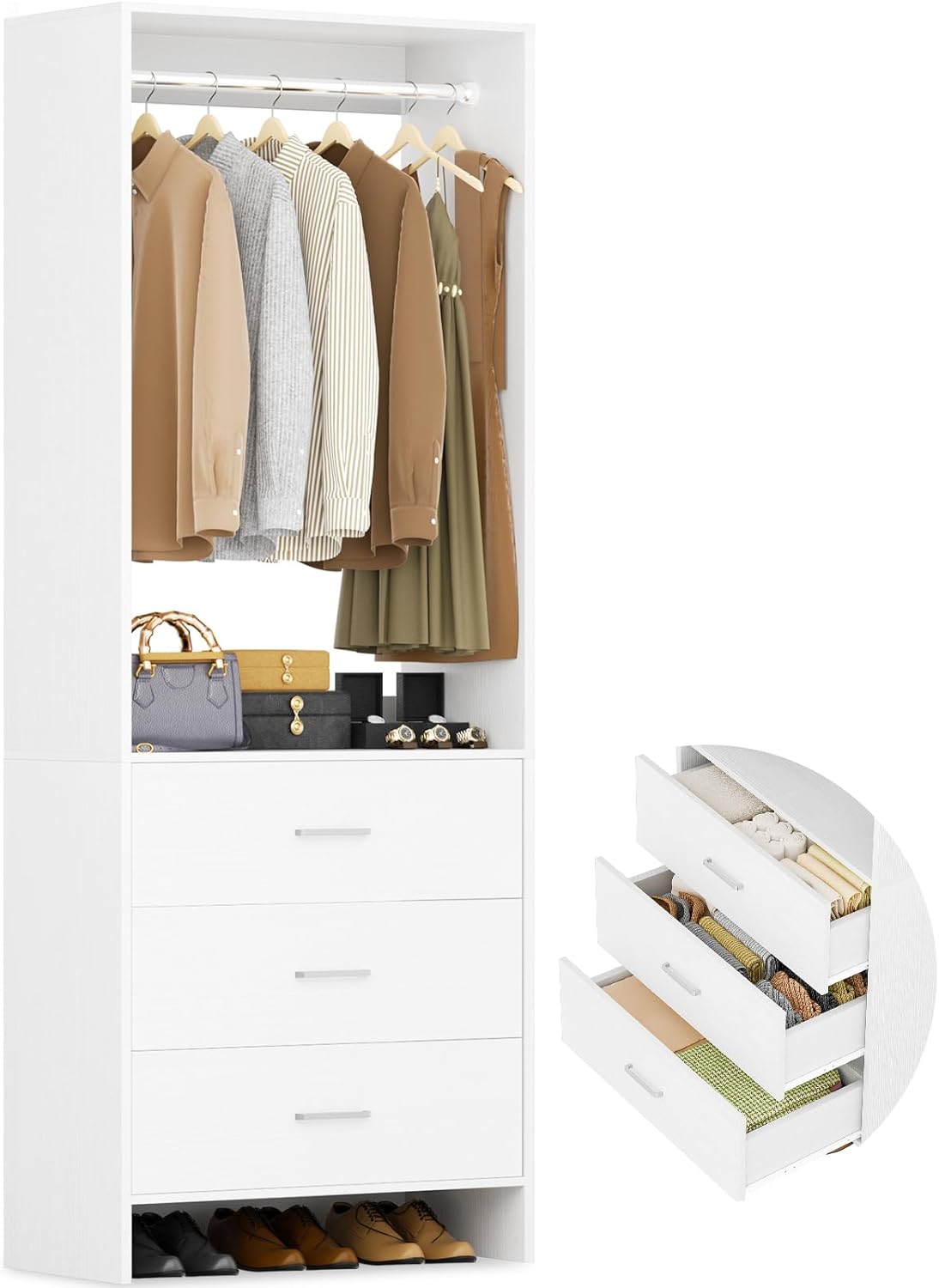 Aheaplus 2FT Closet System with 3 Drawers, 24’’ Closet Organizer, Wood Closet Organizer System, Walk-in Closet or Small Closets Wardrobe, Clothes Rack with Hanging Rods,-E6, White