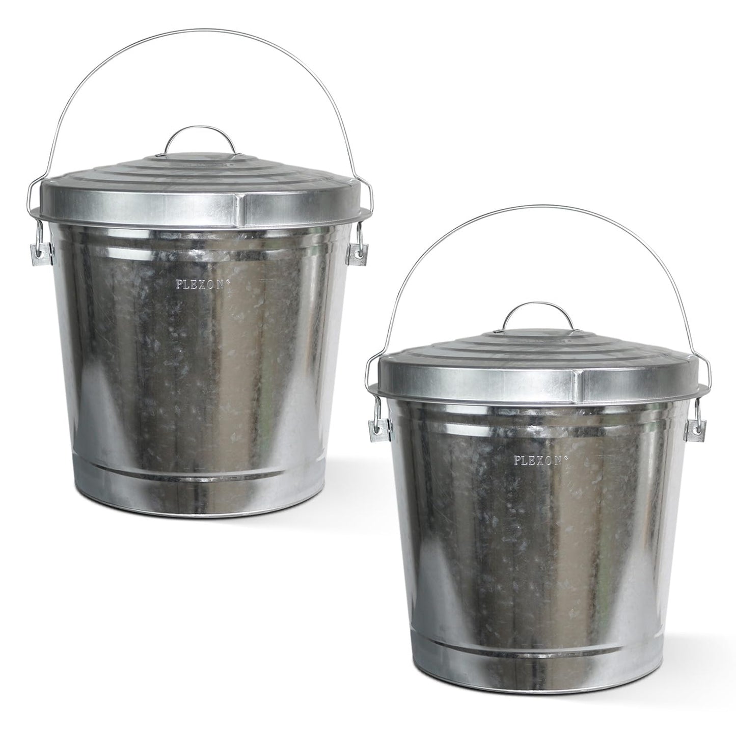 Plexon 10 Gallon Metal Trash Can with Locking Lid Galvanized Bucket with Lid for Poultry Feed Bird Seed Storage Ash Outdoor Garbage Trash Bin, 2 Pack