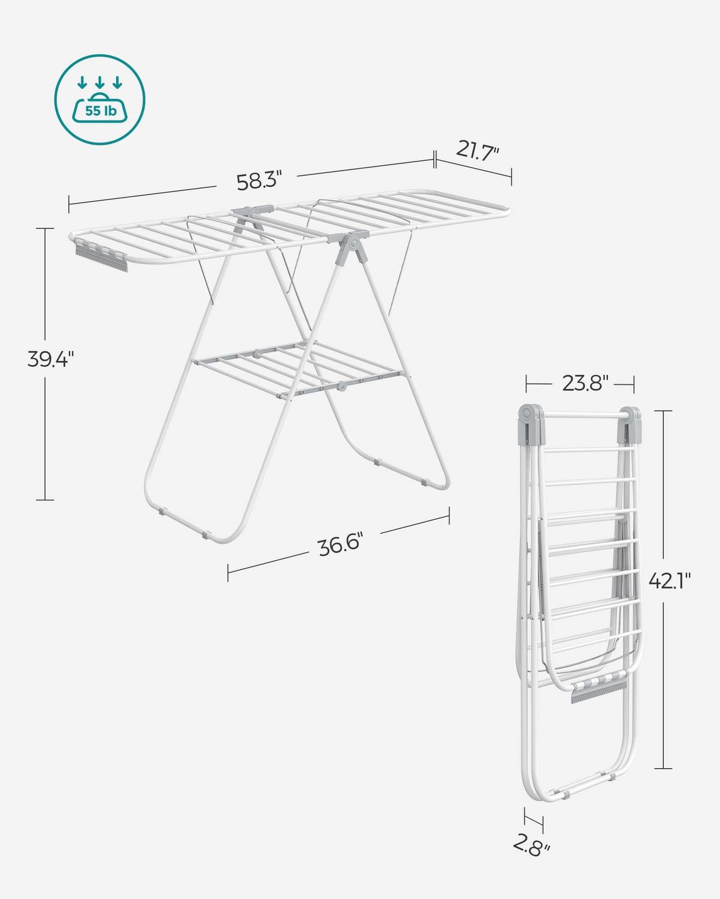 SONGMICS Clothes Drying Rack, with Sock Clips, Metal Laundry Rack, Foldable, Space-Saving