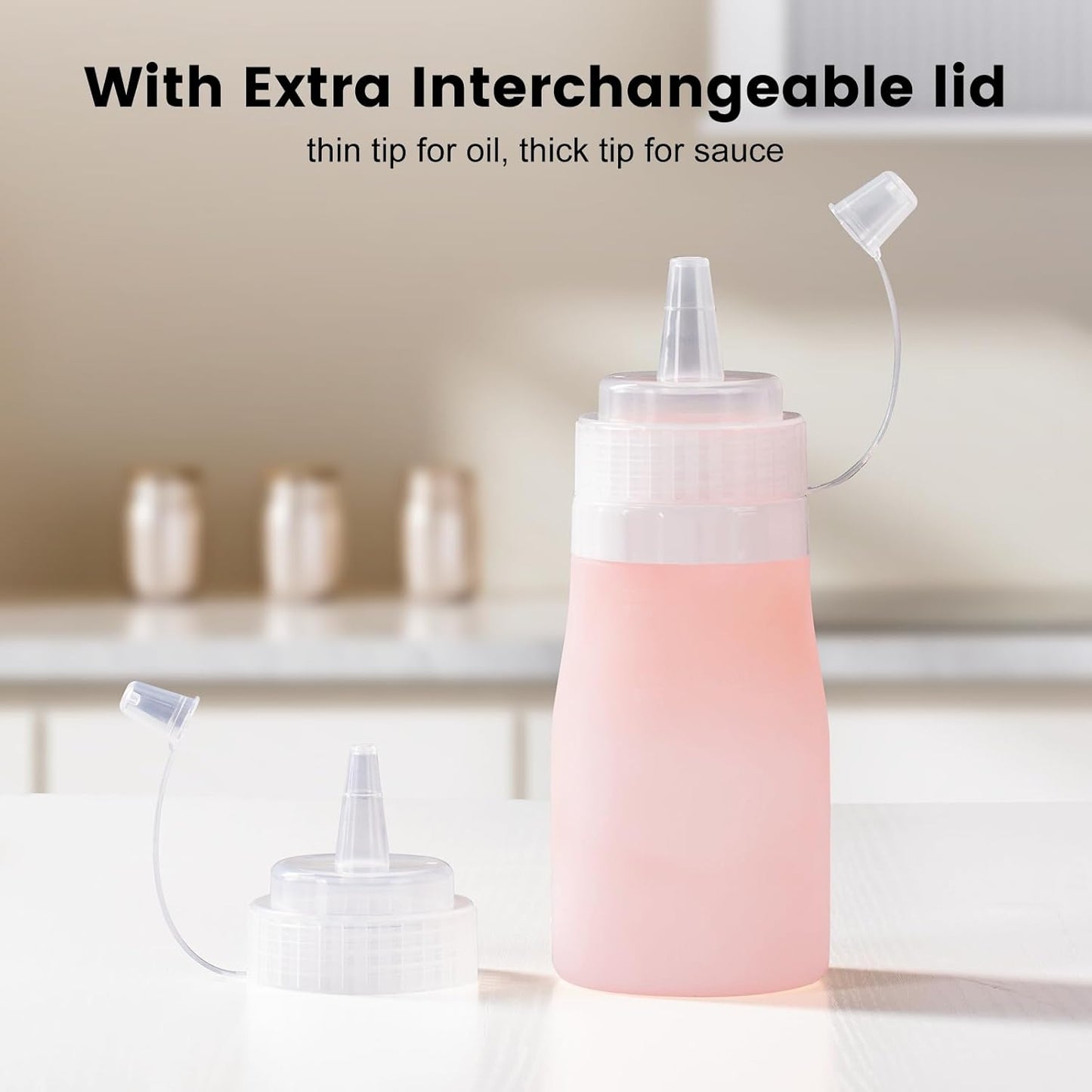 Condiment Squeeze Bottles, 12 oz Silicone Squeeze Bottles For Sauces, Leak Proof Condiment Containers with Extra Interchangeable lid, Easy Squeeze for Oil, Honey & Dressings, BPA FREE (4 Pack)