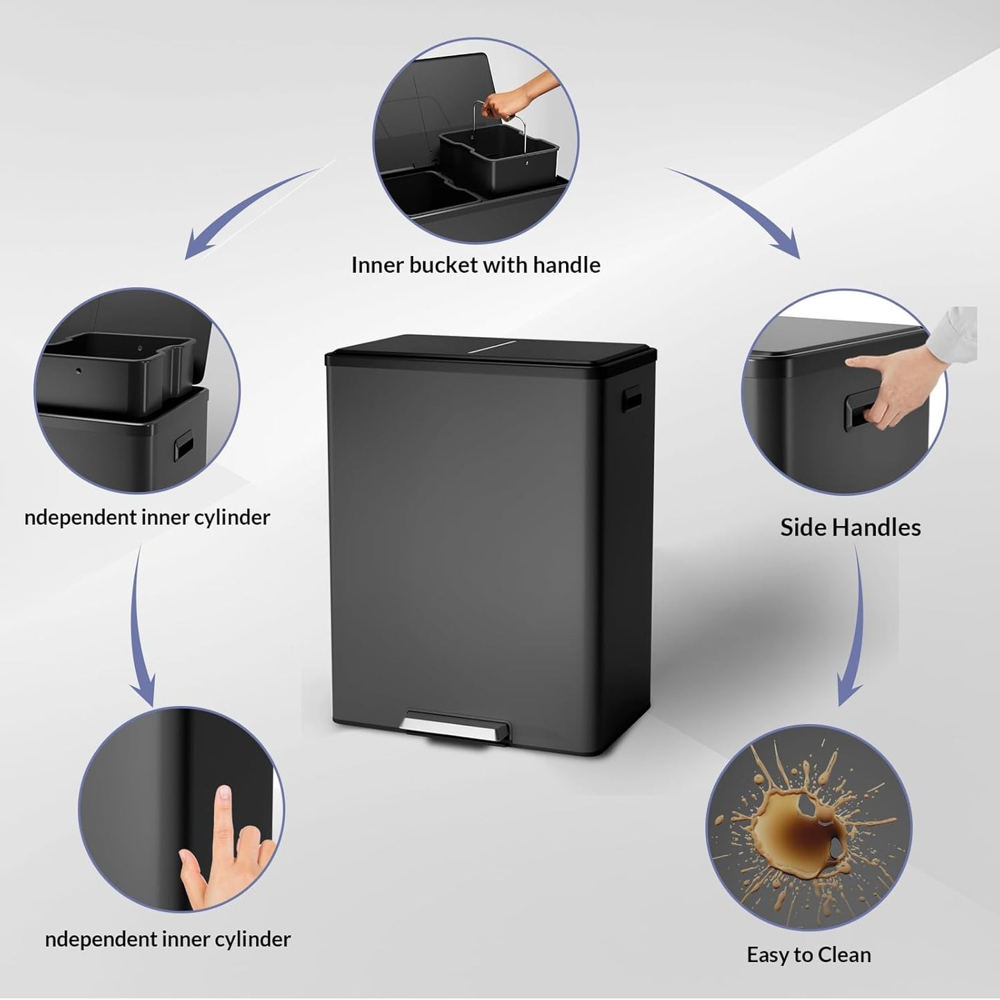 GarveeHome Step Dual Trash Can, 60L/16 Gallon Recycle Bins with Lid, 2 Removable Wastebusket, Step Pedal, Large Stainless Steel Double Trash Bin for Kitchen, Bathroom