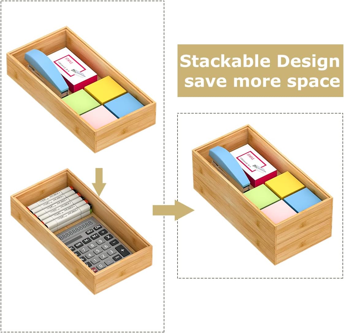 Bamboo Kitchen Drawer Organizer,Stackable Silverware Tray Utensil Organizer Cutlery Holder for Kitchen,Wooden Storage Box for Bathroom, Multi-Use Drawer Organizer for Office,Makeup(12x6x2.5 inch）