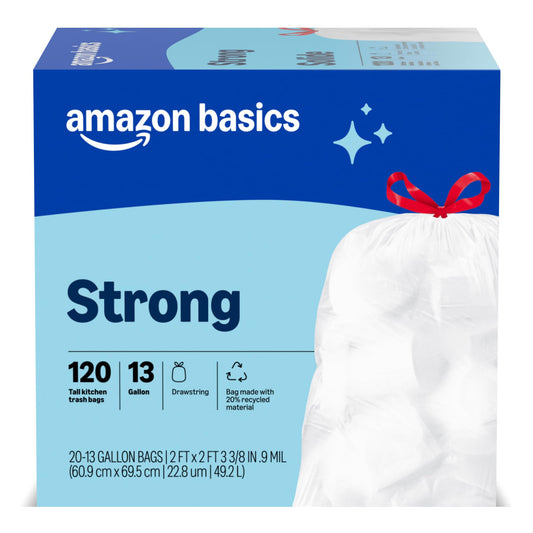 Amazon Basics Trash Bags, Tall Kitchen Drawstring, Unscented, 13 Gallon, 120 Count, Pack of 1