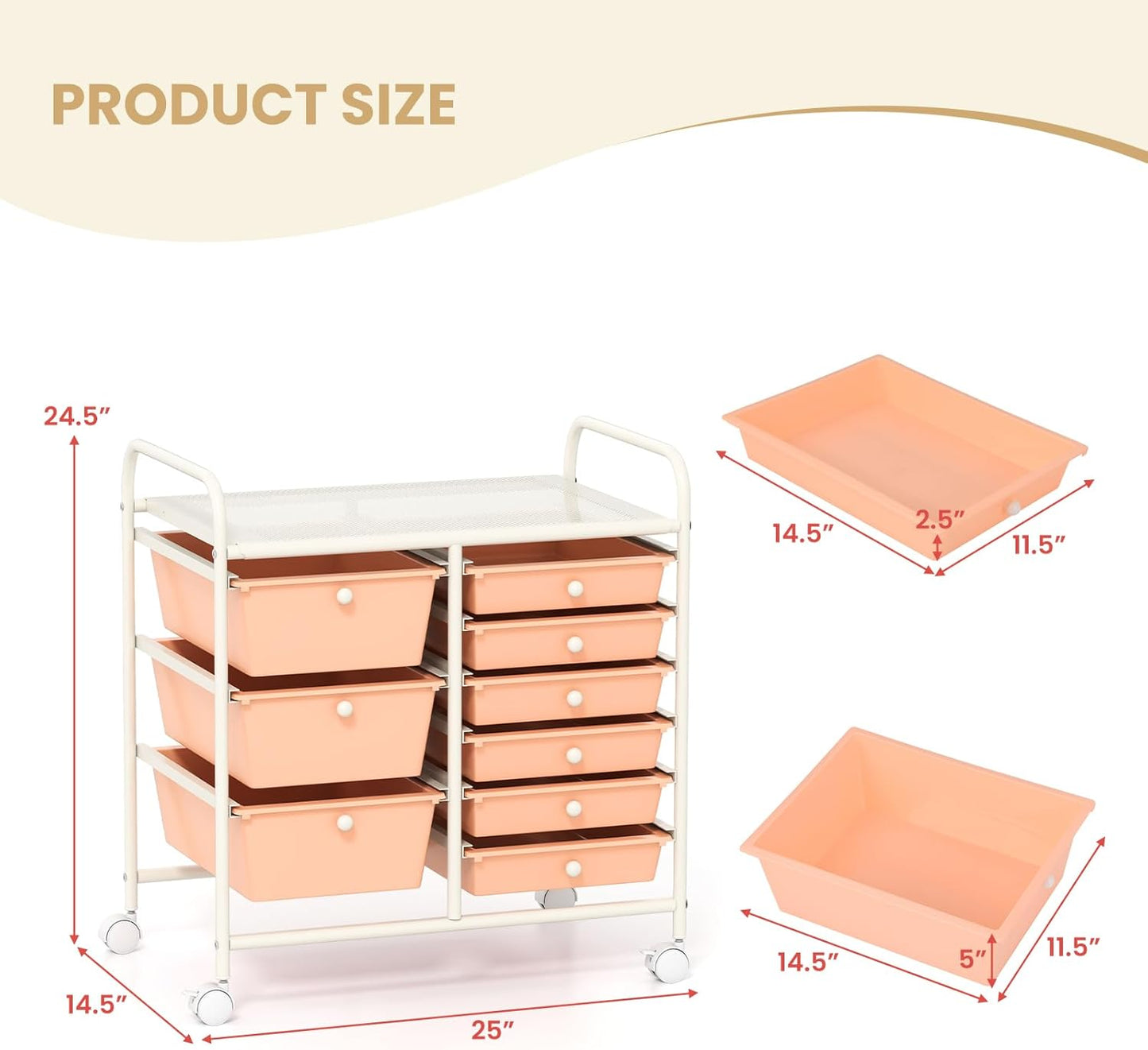 GOFLAME 9-Drawer Rolling Storage Cart, Mobile Utility Cart with Removable Drawers & Metal Frame, Art Craft Organizer Cart with Lockable Wheels, Storage Drawer Cart for Home Office School, Peach Fuzz