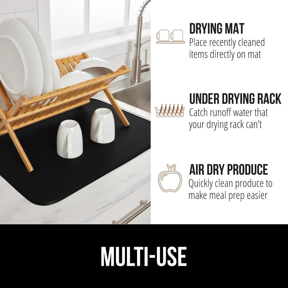 GORILLA GRIP Ultra Water Absorbent Microfiber Dish Drying Mat, 18x32, Quick Dry Thick Mesh, Slip Resistant Pad for Sink Dishes or Under Rack, Kitchen Counter Accessories, Machine Wash Mats, Black