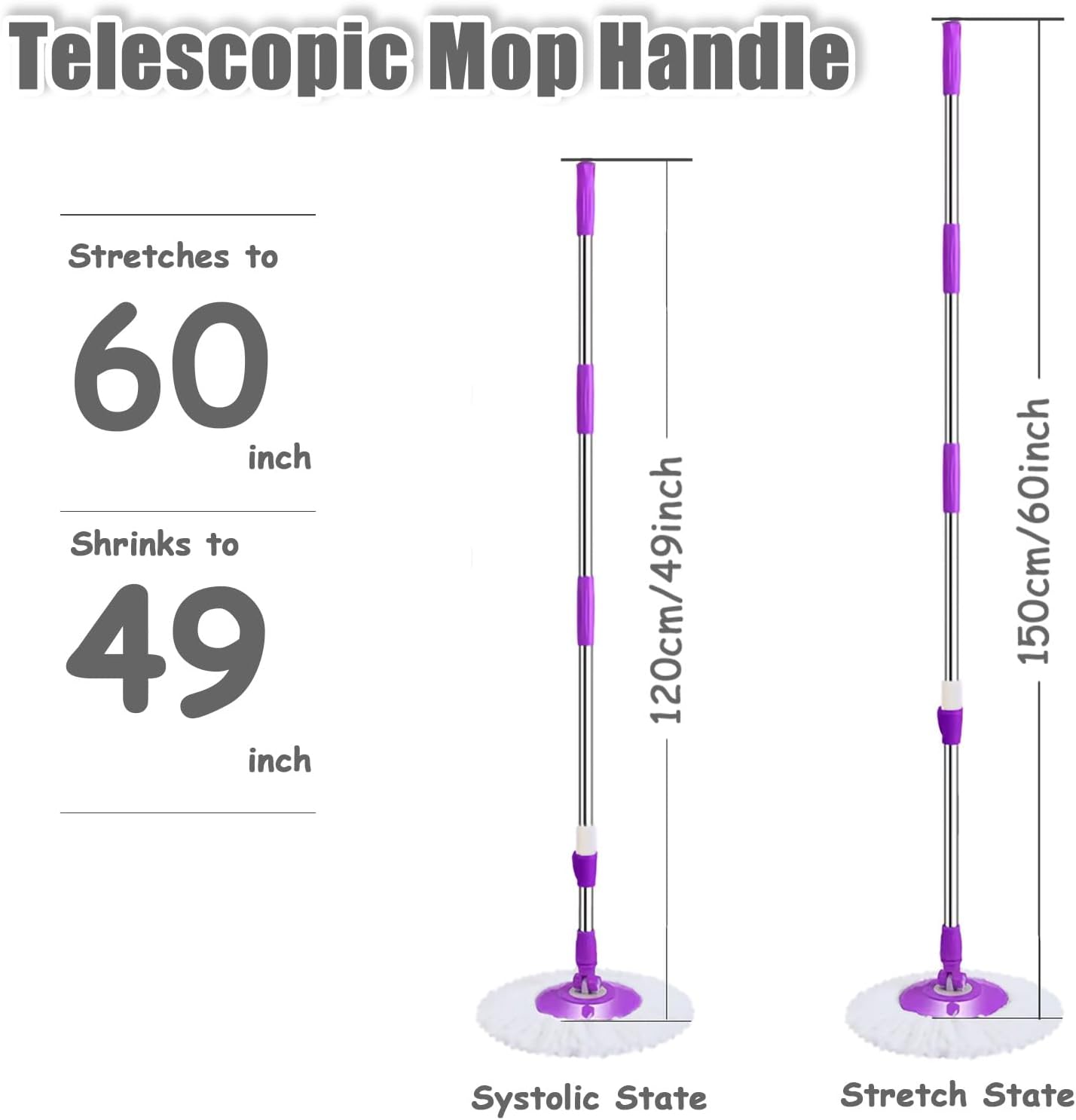 Extended Spin Mop Replacement Mop Handle, Upgraded 60-inch 360 Degrees Rotating Telescopic Replacement Mop Stick for Spin Mop Bucket Cleaning System Floor Cleaning (Plastic Disc, Blue)