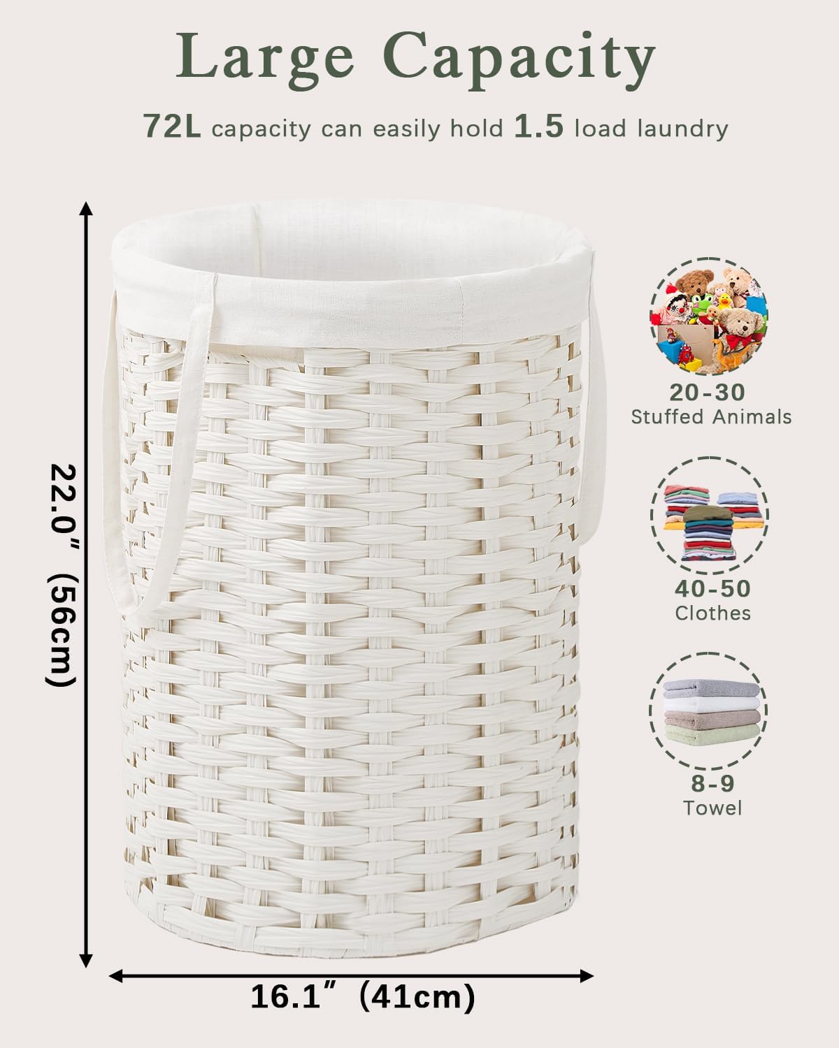 Laundry Hamper Laundry Basket Round 19.0 Gal (72 L) Handwoven Rattan Laundry Basket, Large Wicker Laundry Hamper with Removable Laundry Bag Handles 2 Mesh Bags for Bedroom Living Room White