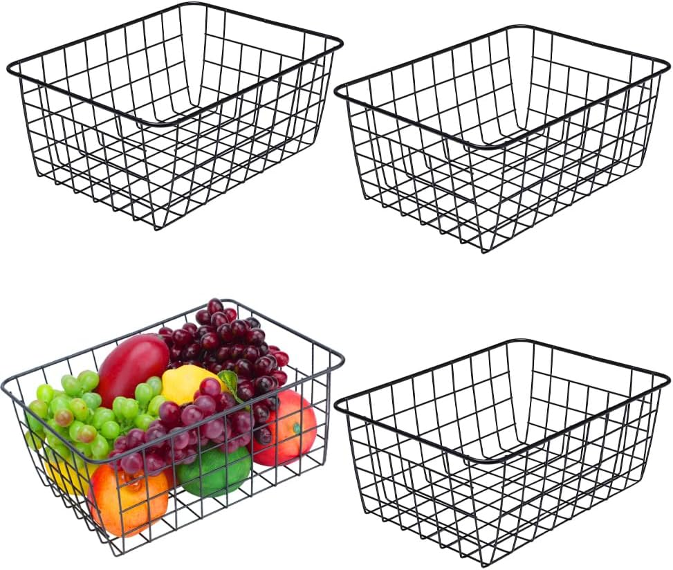 LeleCAT Wire Baskets with Handles, Wire Storage Organizer Baskets, Household Refrigerator for Cabinets, Pantry, Closets, Bedrooms - Set of 4（Black)