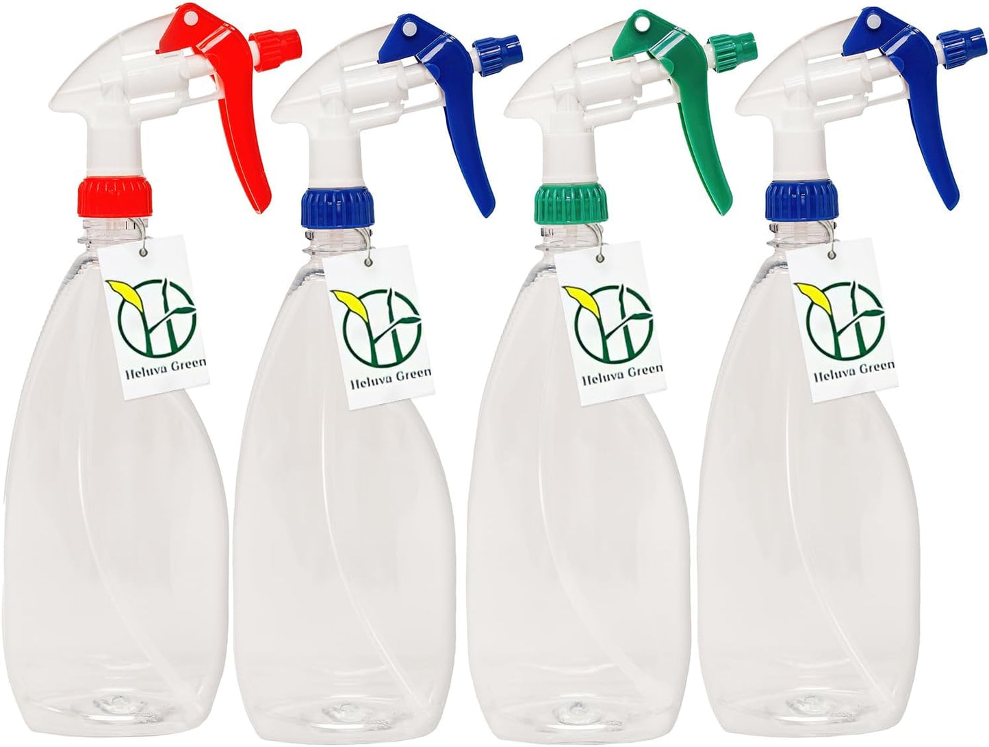 Heluva Green Heavy Duty 24oz Clear Plastic Spray Bottles for Cleaning - Large Empty Bottles for Gardening Solutions, Vinegar, Chemicals, Professional Cleaners - Adjustable Sprayer Nozzle - 4 Pack
