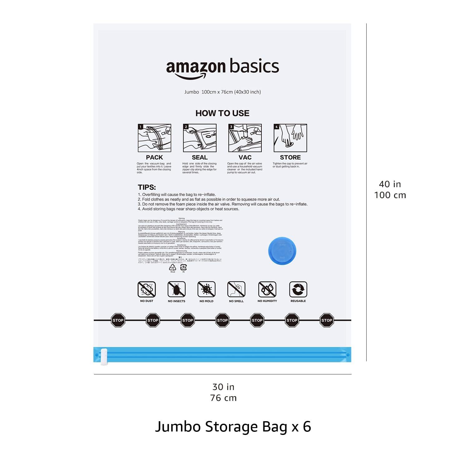 Amazon Basics Vacuum Storage Bags for Clothes, Space Saving Compression Storage Bags with Hand
