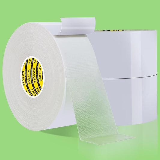 3Pack Double Sided Tape Heavy Duty, 2in x 66FT, Universal High Tack Strong Wall Adhesive with Fiberglass Mesh, Super Sticky Resistante Clear Tape, Easy Use Mounting Tape White